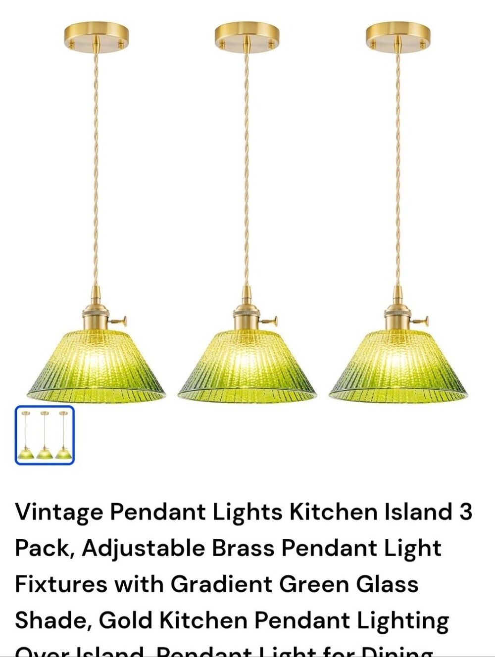 3 Adjustable Brass Pendant Light Fixtures with Gradient Green Glass Shade 7.48"